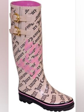 Juicy Couture Cream Logo Rain Boot with Pink Accents and Gold Buckles